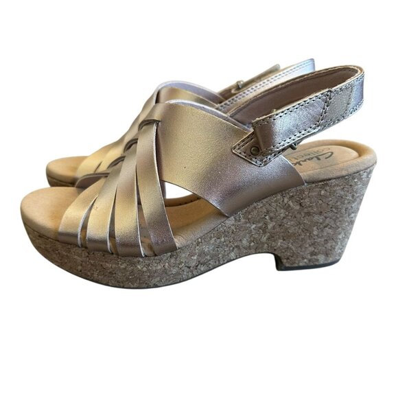 Clarks Giselle Ivy Wedge Sandals Rose Gold Metallic Cork Heel Comfort Size 7 - Picture 2 of 13